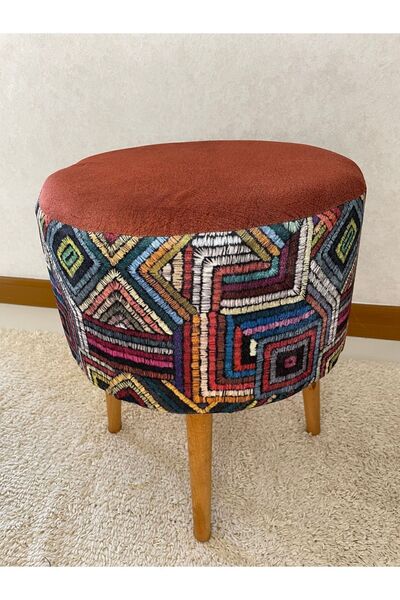 BHM Etnik Desenli Ahşap Ayaklı Dekoratif Kiremit Puf Bench