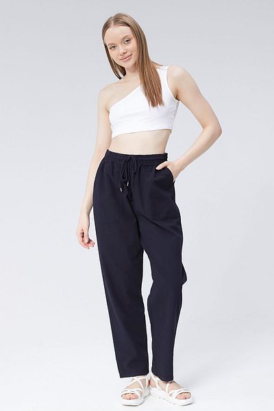 kırtex sport k teks şekil Women's Navy Blue High Waist Elastic Waist Linen Look 100% Cotton Trousers