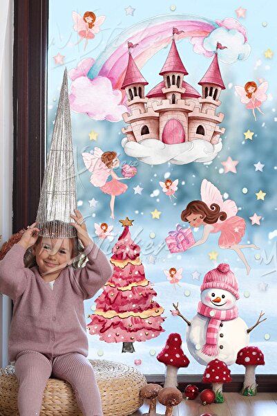 MSticker مجموعة ملصقات الحائط الزجاجية ذات الحلم الوردي للعام الجديد، مجموعة ملصقات عيد الميلاد ذات الحلم الوردي، زينة عيد الميلاد