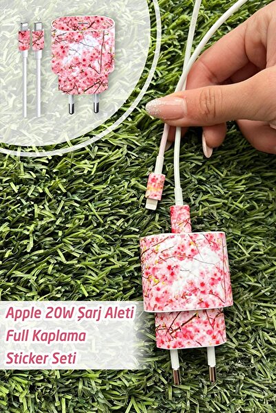 MSticker Iphone 20w Uyumlu Şarj Aleti Kaplaması - Pembe Çiçekler Temalı Full ...