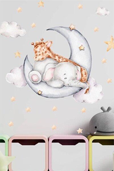 MSticker Ayda Uyuyan Zürafa Ve Fil ,yıldız Ve Bulutlu Sticker Seti Çocuk Bebe...