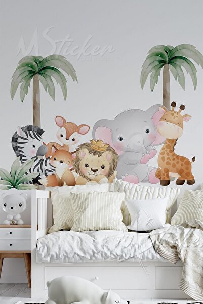 MSticker Sevimli Safari Hayvanları Ve Palmiyeler Çocuk Bebek Odası Duvar Stic...