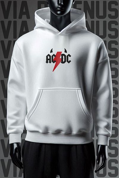 Vordevia Φούτερ με στάμπα ACDC - Φούτερ με φαρδιά εφαρμογή με λευκή κουκούλα 3 νημάτων