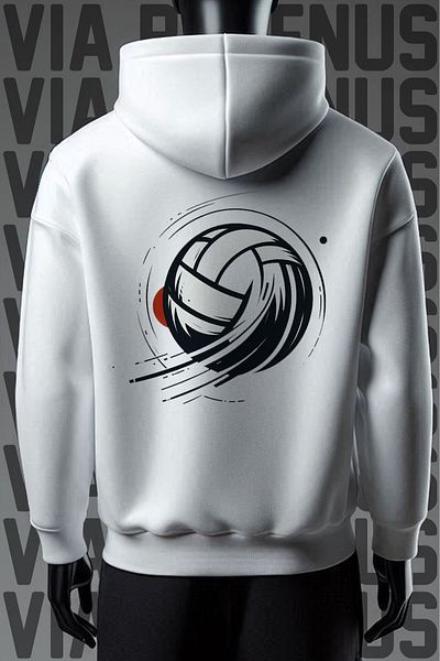 Vordevia White Hooded Volleyball Printed Wide Fit Sweatshirt - Kangaroo Pocket, 3 Thread Raster