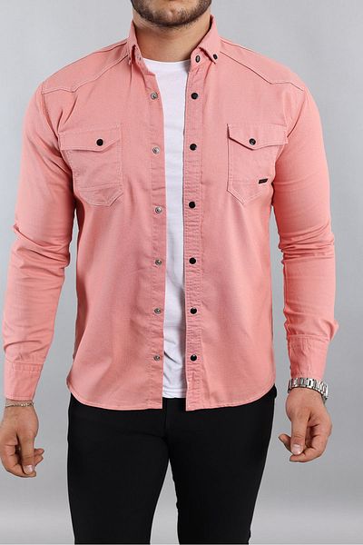 a02teks Yxc Slim Fit Ανδρικό πουκάμισο με λεπτή εφαρμογή από βαμβακερό τζιν σε σκόνη