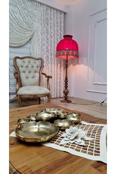 AYDIN SHOP Ayışığı Abajur Şapka Kırmızı Ayak Ahşap Rengi