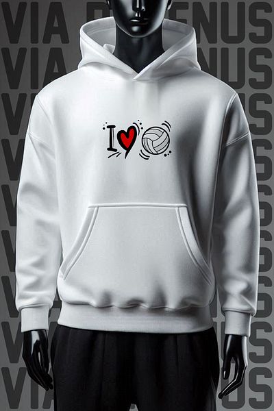 Vordevia White Hooded Volleyball Printed Wide Fit Sweatshirt - Kangaroo Pocket, 3 Thread Raster