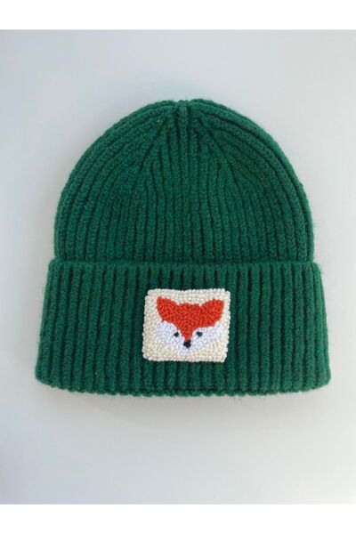 byebruketenci Green Wool Luxury Fox Punch Pattern Detailed Beret Green Beret Christmas Beret
