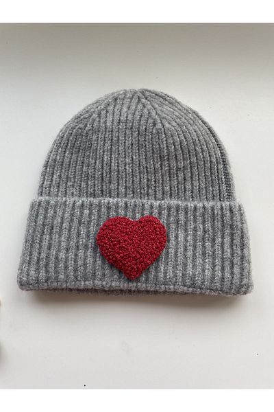 byebruketenci Gray Wool Beret Red Heart Punch Detailed Gift