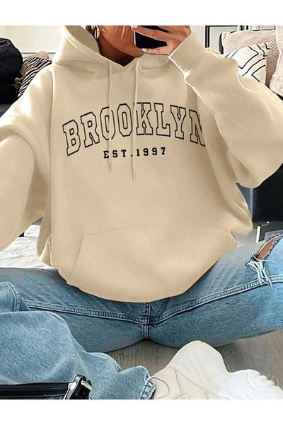 Boi Brooklyn 1997 Printed Unisex Oversize Hooded Sweatshirt - Μαύρο Μπεζ Μωρό