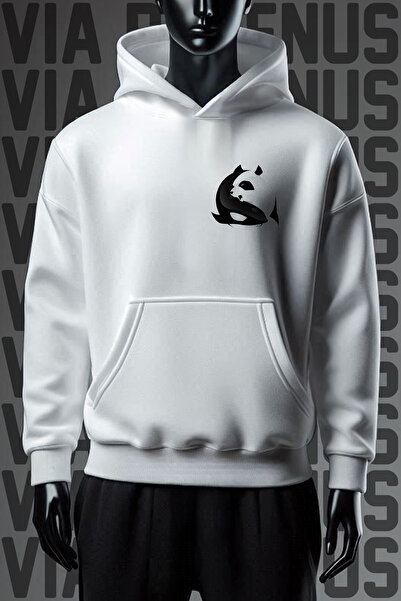 Vordevia Hanorac alb cu glugă, cu imprimeu cu balene și panda în față și în spate, cu 3 fire, cu model larg