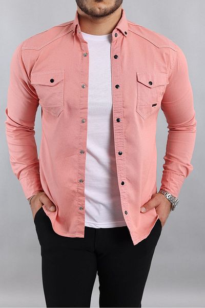 a02teks Yxc Slim Fit Ανδρικό πουκάμισο με λεπτή εφαρμογή από βαμβακερό τζιν σε σκόνη