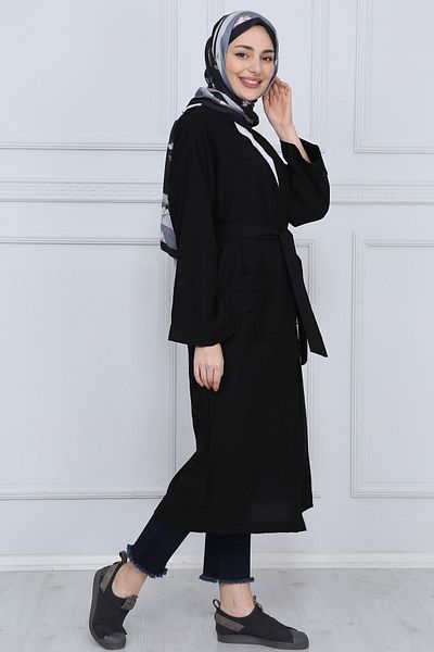ilmek Γυναικείο μαύρο καλοκαιρινό κιμονό με διπλή τσέπη