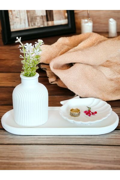 stonnish Raw White Set of 3 - Striped Concrete Vase, Oyster Jewelry Plate, Decorative with Oval Tray