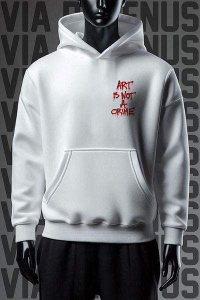 Vordevia Το Art is not a Crime - Φούτερ με λευκή κουκούλα με 3 νήματα, φαρδιά εφαρμογή, στάμπα τσέπης καγκουρό