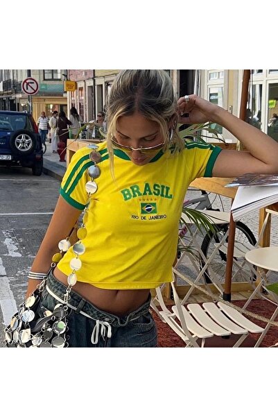 weywot Sphera Brasil Printed Piping Yellow Crop Μπλούζα