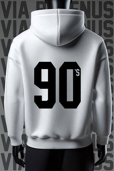 Vordevia 90s printed - Λευκή κουκούλα με τσέπη καγκουρό, φούτερ με φαρδιά εφαρμογή με 3 νήματα