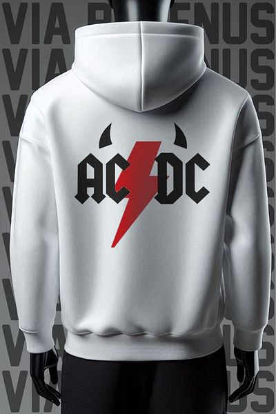 Vordevia Φούτερ με στάμπα ACDC - Φούτερ με φαρδιά εφαρμογή με λευκή κουκούλα 3 νημάτων