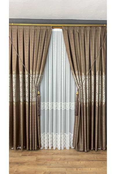 GLOMAR Brown Jacquard Single Wing - 1/3 Close Pleat, Gold Detailed Panel Background Curtain