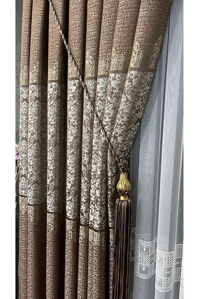 GLOMAR Brown Jacquard Single Wing - 1/3 Close Pleat, Gold Detailed Panel Background Curtain