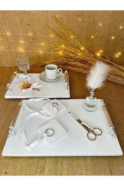 TutkuSetUp 2'li Mermer Polyester Tepsi Seti, Söz Tepsisi, Kristal Tüylük, Niş...