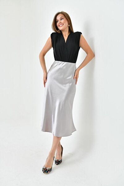 ŞEYDA BUTİK Satin Midi Silver Skirt