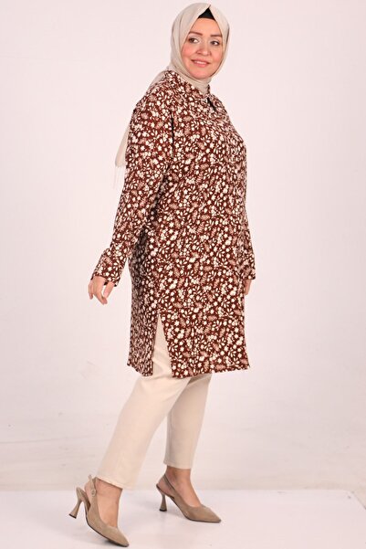 Eslina 48024 Plus Size Patterned Brown Floral Wrap Shirt - Low Sleeve