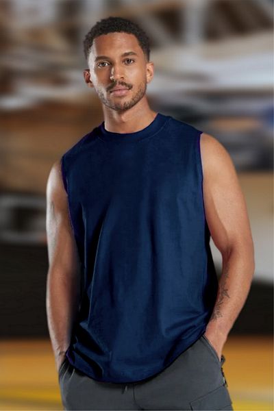 BESSA Men's Navy Oversize Crew Neck Cotton Sleeveless T-Shirt/Singlet