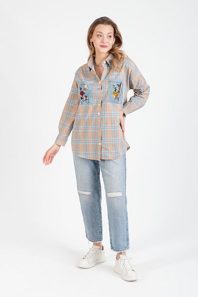 Hatun Atila Ленена риза HatunAtila с карирани джобове и бродерия от камъни - 8603