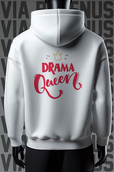 Vordevia Φούτερ Drama Queen White Hoodie - 3 νήματα, φαρδιά εφαρμογή, εμπρός και πίσω στάμπα