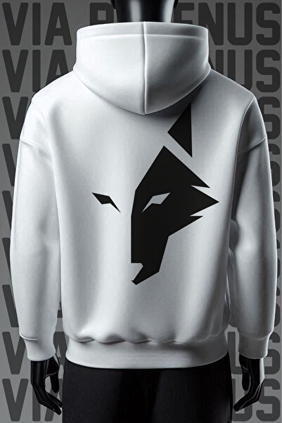 Vordevia Hanorac alb cu glugă cu imprimeu Wolf față și spate, cu 3 fire