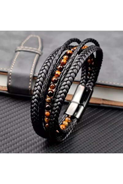 REGGENTE Kaplan Gözü Doğal Taş Çelik Örgü Siyah Deri Bileklik 19 cm.