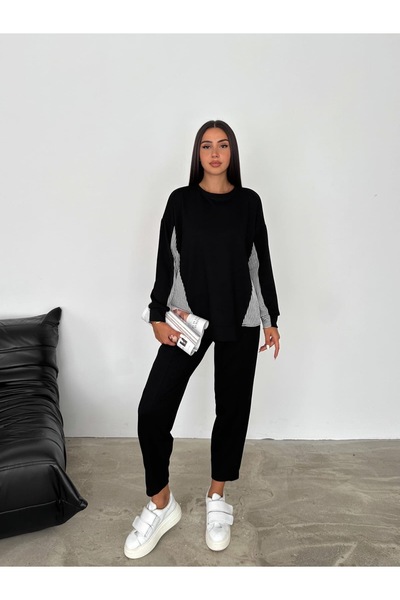 Sobce Μαύρο Oversize ριγέ Λεπτομερές φούτερ Jogger Παντελόνι Modal Υφασμάτινο...