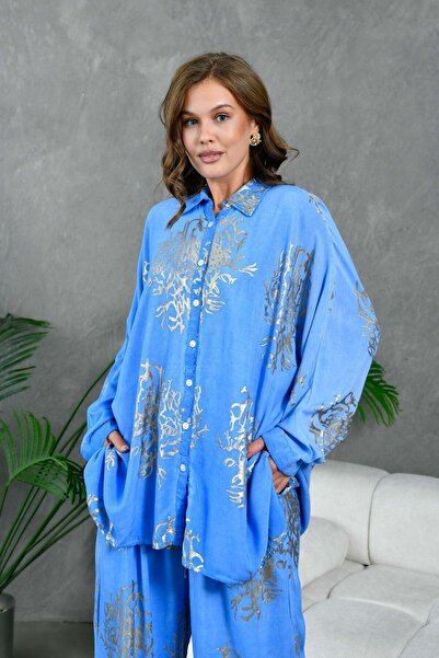 lovebox Set cămașă și pantaloni pentru femei cu imprimeu din folie - Set de două piese Viscon