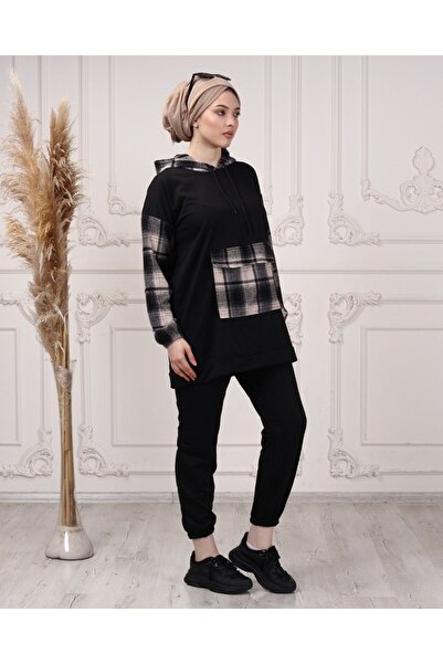 CNG MODA Women's Sleeve Plaid Hooded Tracksuit Set