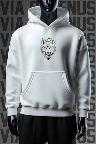 Vordevia Φούτερ White Hooded Wolf - Εκτύπωση εμπρός και πίσω, 3 νήματα, φαρδιά εφαρμογή