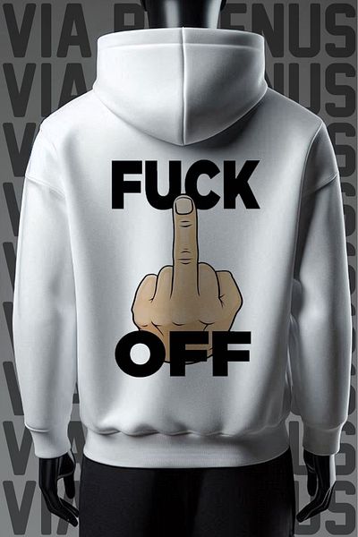 Vordevia  Off Front and Back Printed 3 Thread Wide Fit White Hooded Sweatshirt