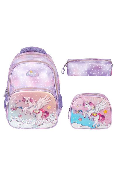 Relaxion Rlx-1370 Set de prânz pentru fete cu model unicorn - Suport stilou, rucsac și geantă de școală primară