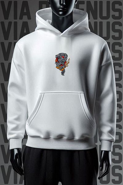 Vordevia Φούτερ Dragon Fire 3 Spinning White Hooded Φαρδιά Εφαρμογή - Εκτύπωση Μπροστά και Πίσω