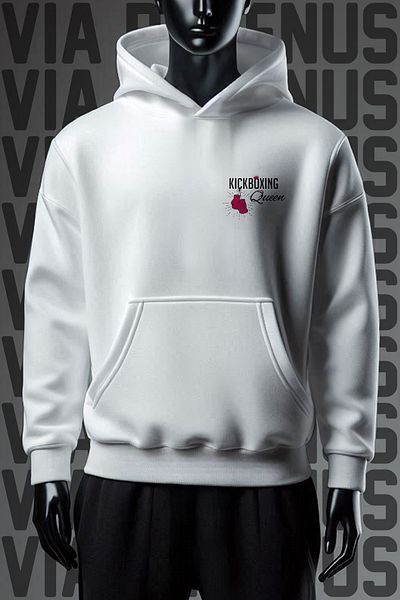 Vordevia Kickboxing Queen White Hooded Sweatshirt - 3 Thread, Wide Fit