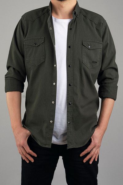 bombe Slim Fit Tight Fit Ανδρικό τζιν πουκάμισο Χακί