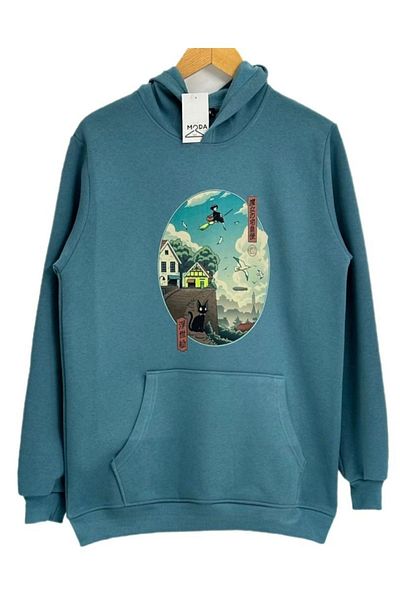 Moda Işık Hanorac unisex cu buzunar cangur cu glugă, verde petrol, imprimat acasă - 3 fire înălțate