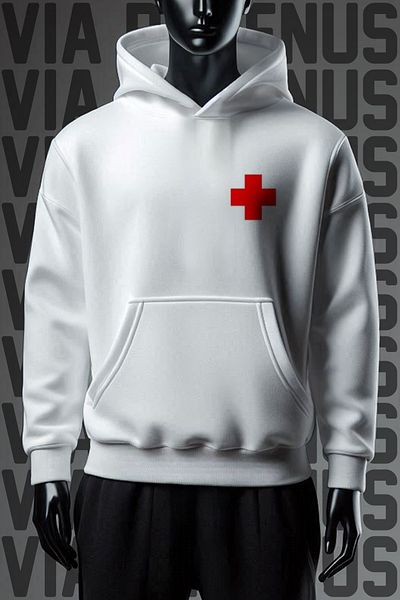 Vordevia Φούτερ Lifeguard 3 Thread White Hooded Wide Fit - Εμπρός και πίσω εμπριμέ