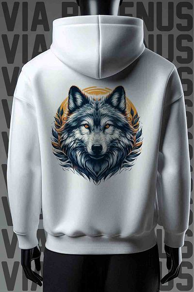 Vordevia Φούτερ White Hooded Wolf - Εκτύπωση εμπρός και πίσω, 3 νήματα, φαρδιά εφαρμογή
