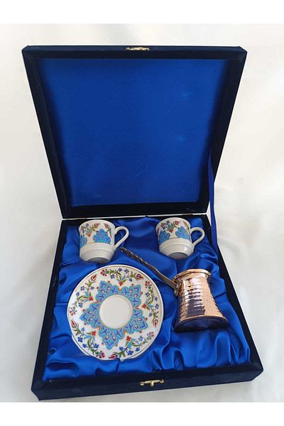 Nihal Süeda Star Model Velvet and Copper Coffee Pot Double Porcelain Cup Set