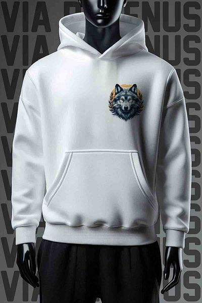 Vordevia Φούτερ White Hooded Wolf - Εκτύπωση εμπρός και πίσω, 3 νήματα, φαρδιά εφαρμογή