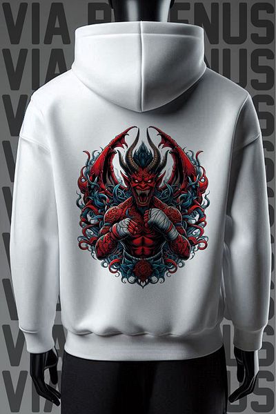 Vordevia Devil Boxing 3 Thread White Hooded Wide Fit Sweatshirt - Front and Back Printed