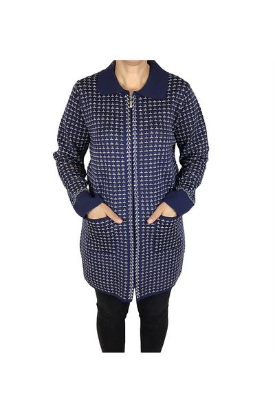 ECE GİYİM Patterned and Zippered Thick Winter Cardigan - Women's, Collared Pockets