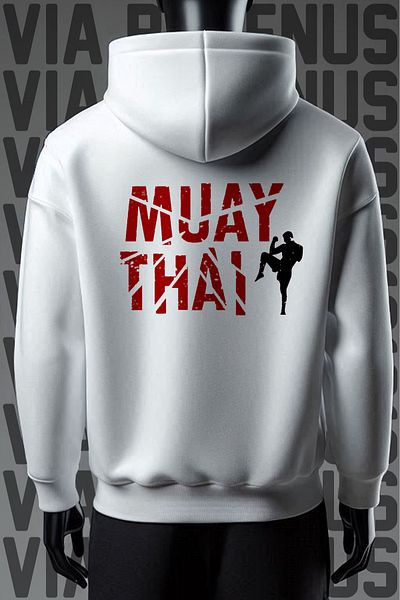 Vordevia Φούτερ με λευκή κουκούλα με σχέδιο Muay Thai - 3 νήματα, φαρδιά εφαρμογή