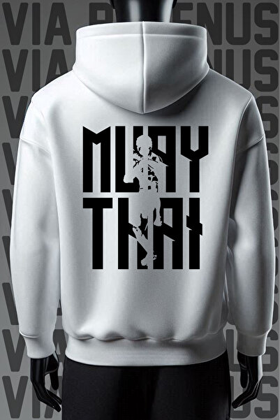 Vordevia Hanorac alb cu glugă cu model Muay Thai - 3 fire, potrivire largă